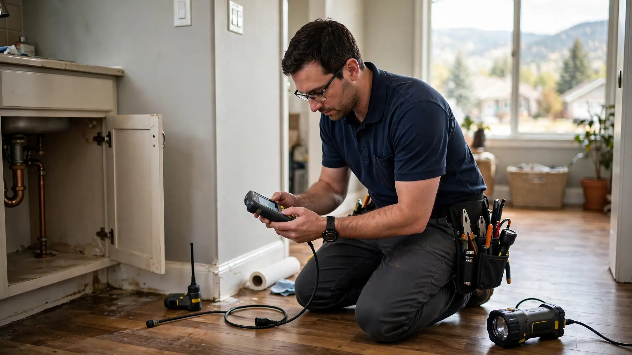 Leak detection specialist reviewing diagnostic readings in a Broomfield home