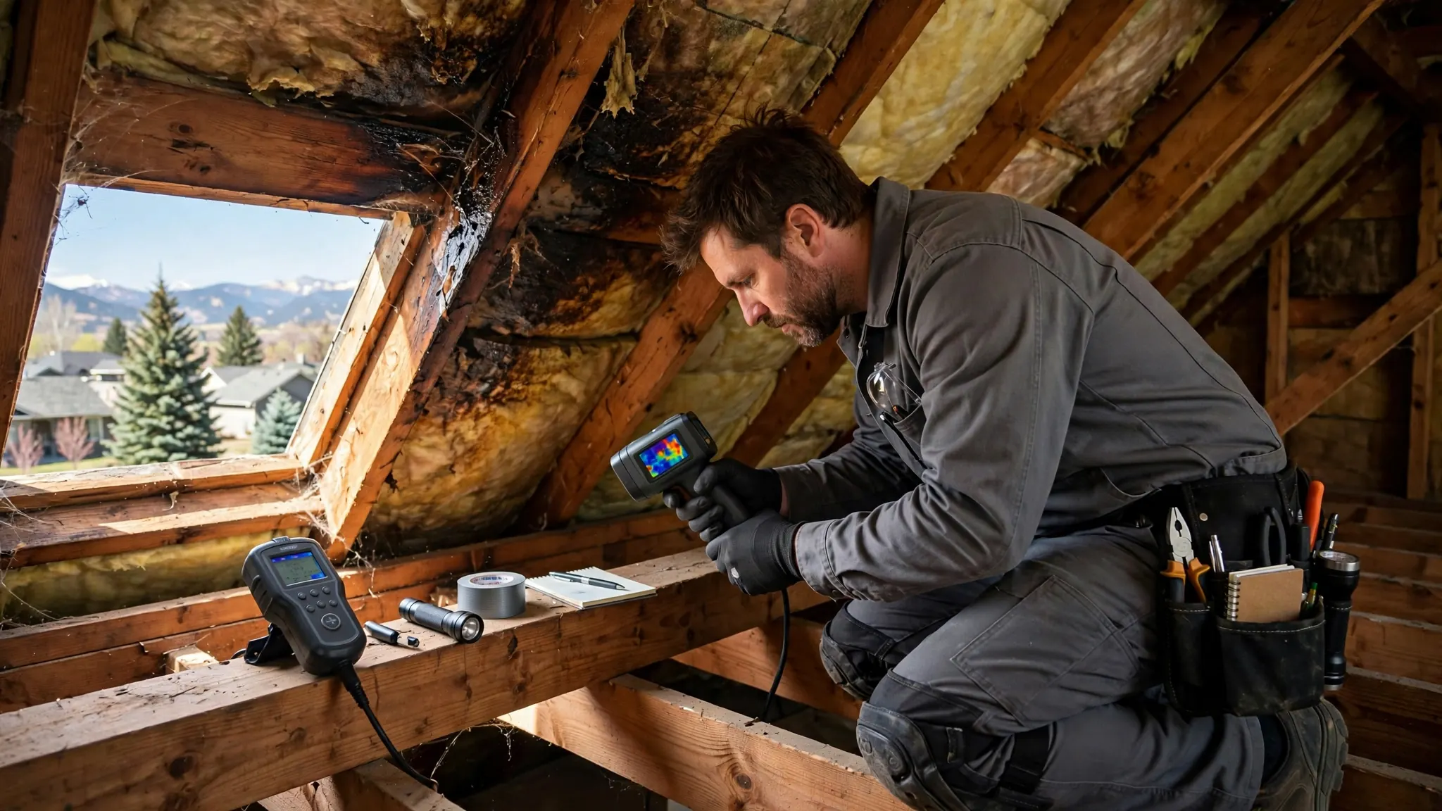 Technician tracing water pipes in a residential attic with a flashlight