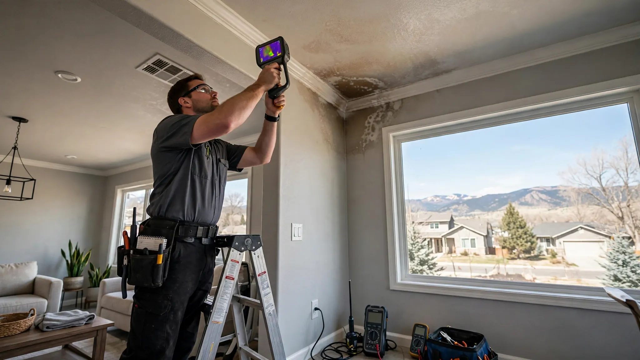 Water stain spreading across a residential ceiling from a hidden plumbing leak above