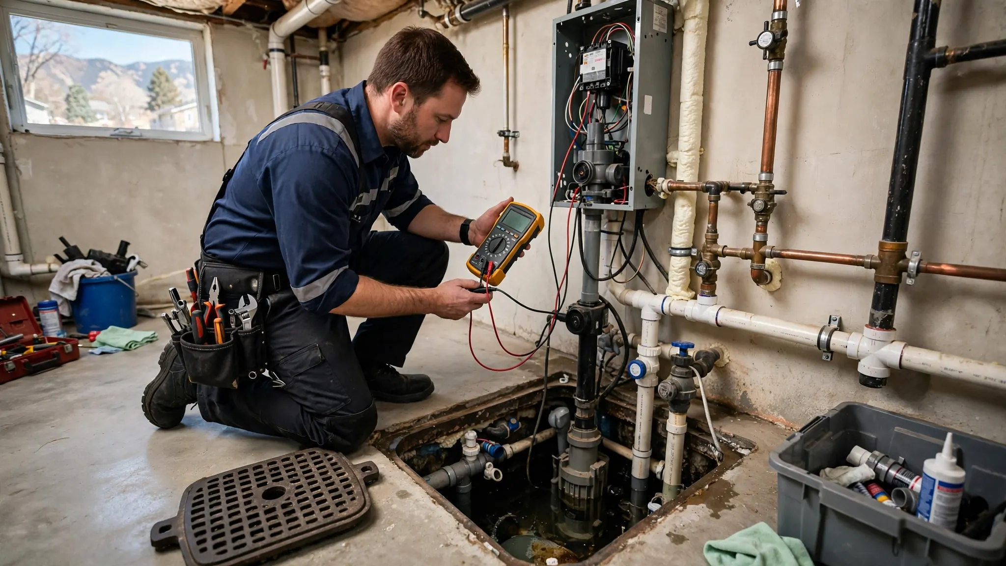 Technician testing a commercial lift pump and inspecting a floor drain in a business utility room