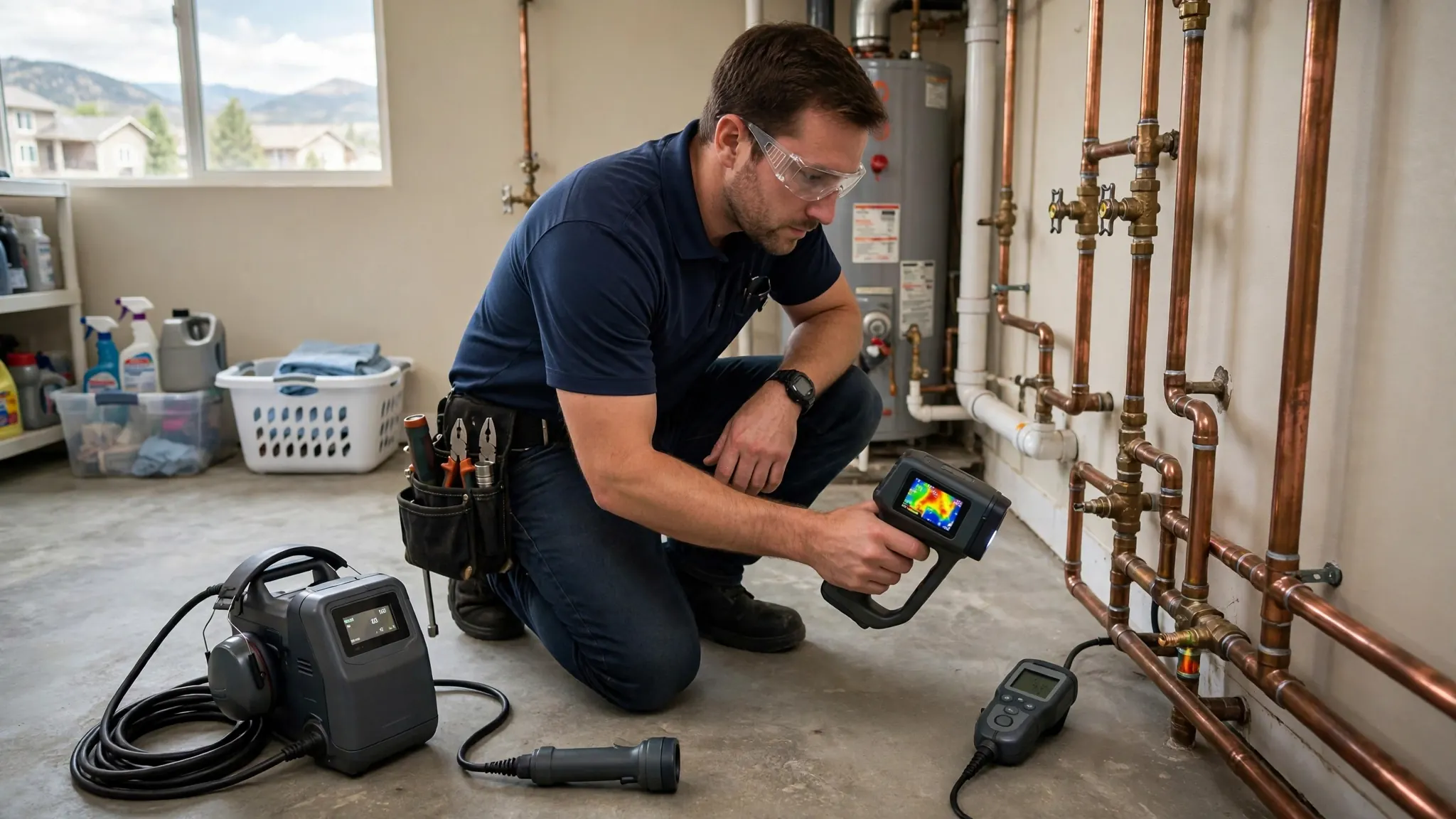 Technician performing acoustic leak detection survey inside a commercial office building