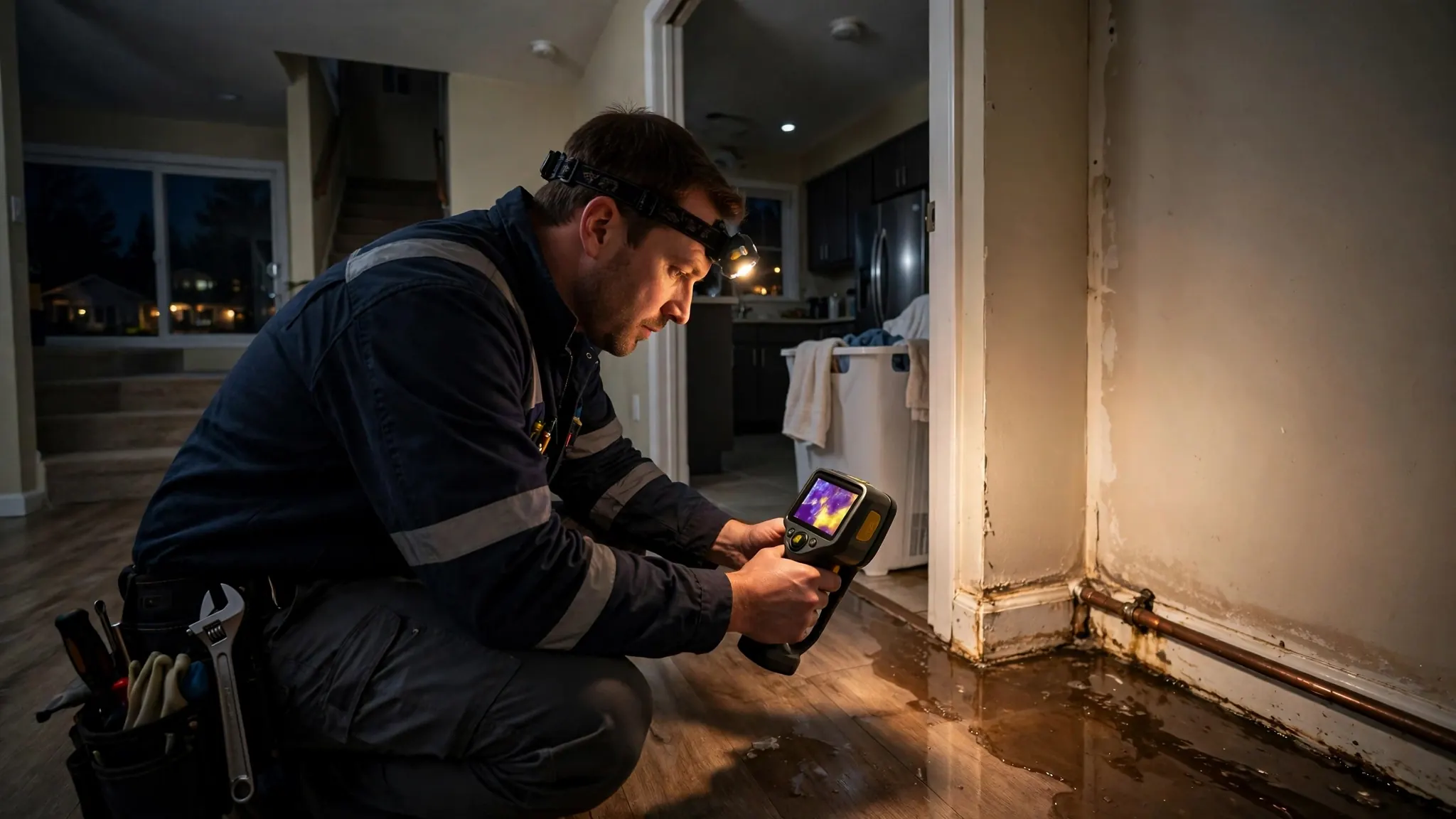 Emergency commercial leak response — technician with thermal camera assessing active water intrusion in a Broomfield office building