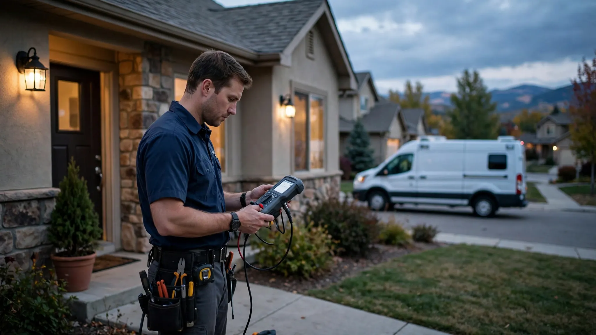 Emergency technician performing a curb-stop isolation test in Bridgewater at night