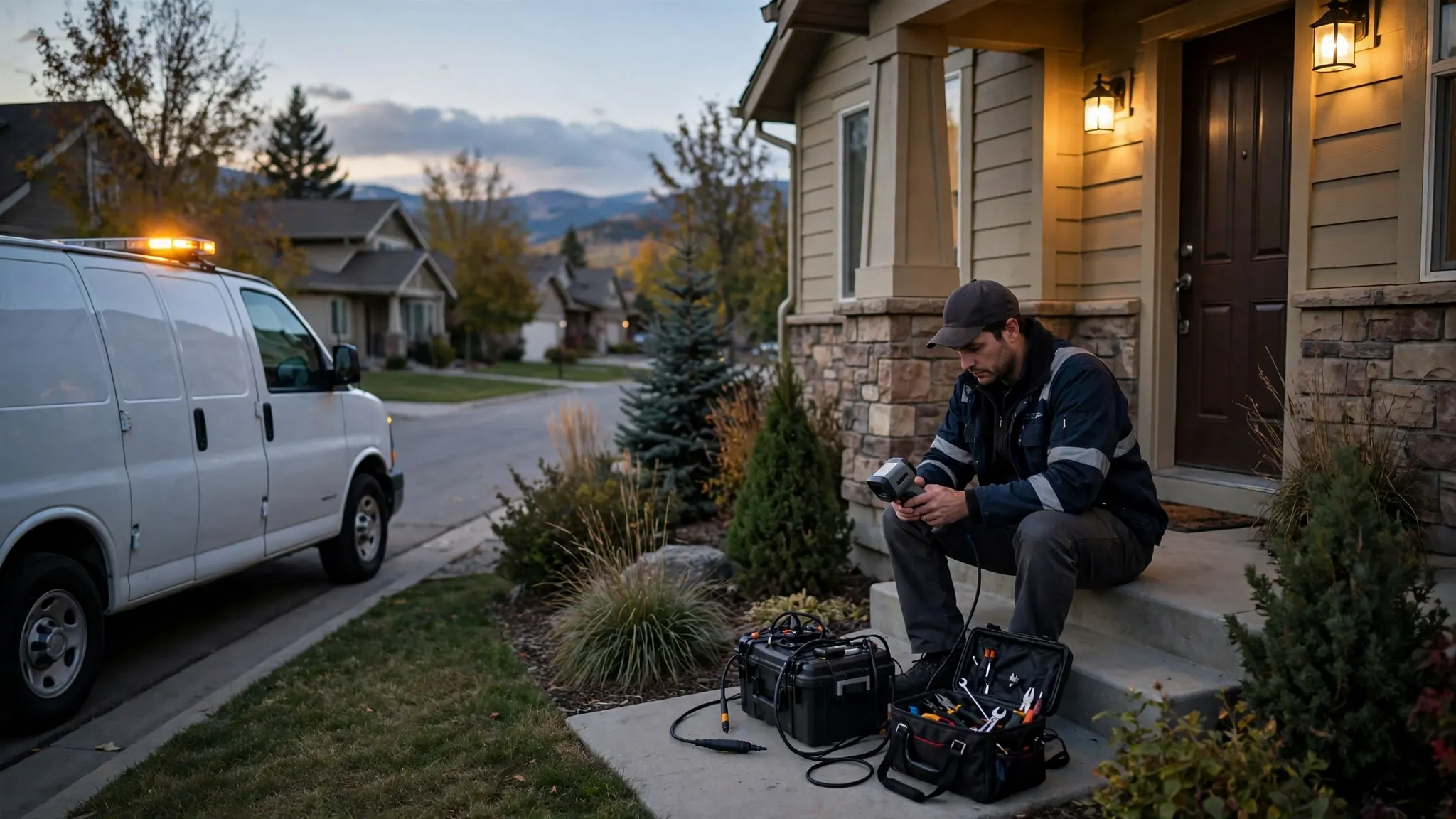 Emergency leak detection technician checking a water meter with a flashlight at night during an urgent service-line call in Northside, Broomfield