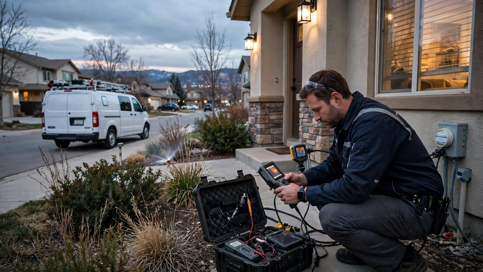 Technician inspecting an attic supply line with a thermal camera during an emergency leak call in Sunnyside, Broomfield
