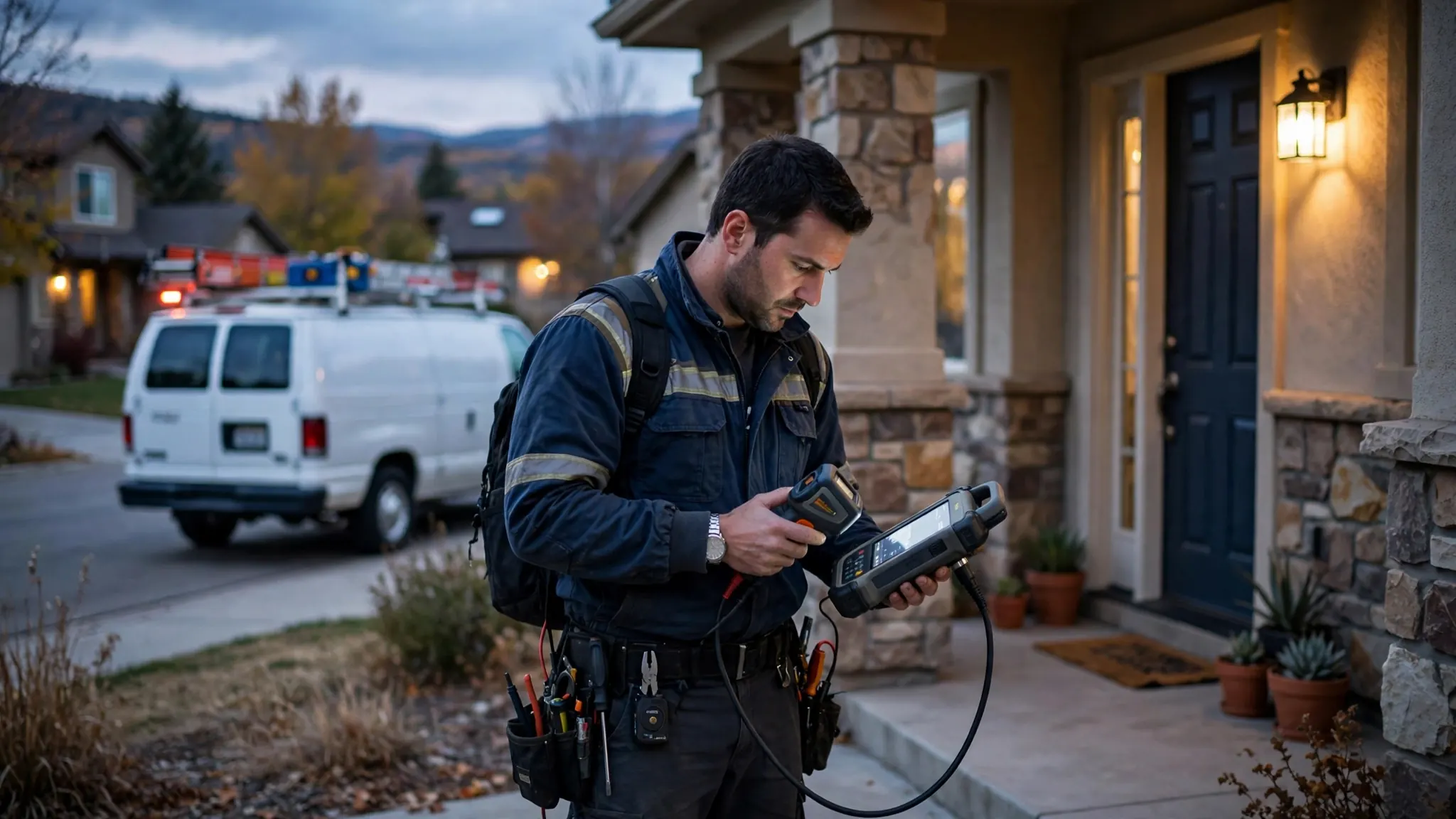 Emergency technician with a pipe locator tracing a root-damaged water service line in a treed Woodland Hills yard in Broomfield