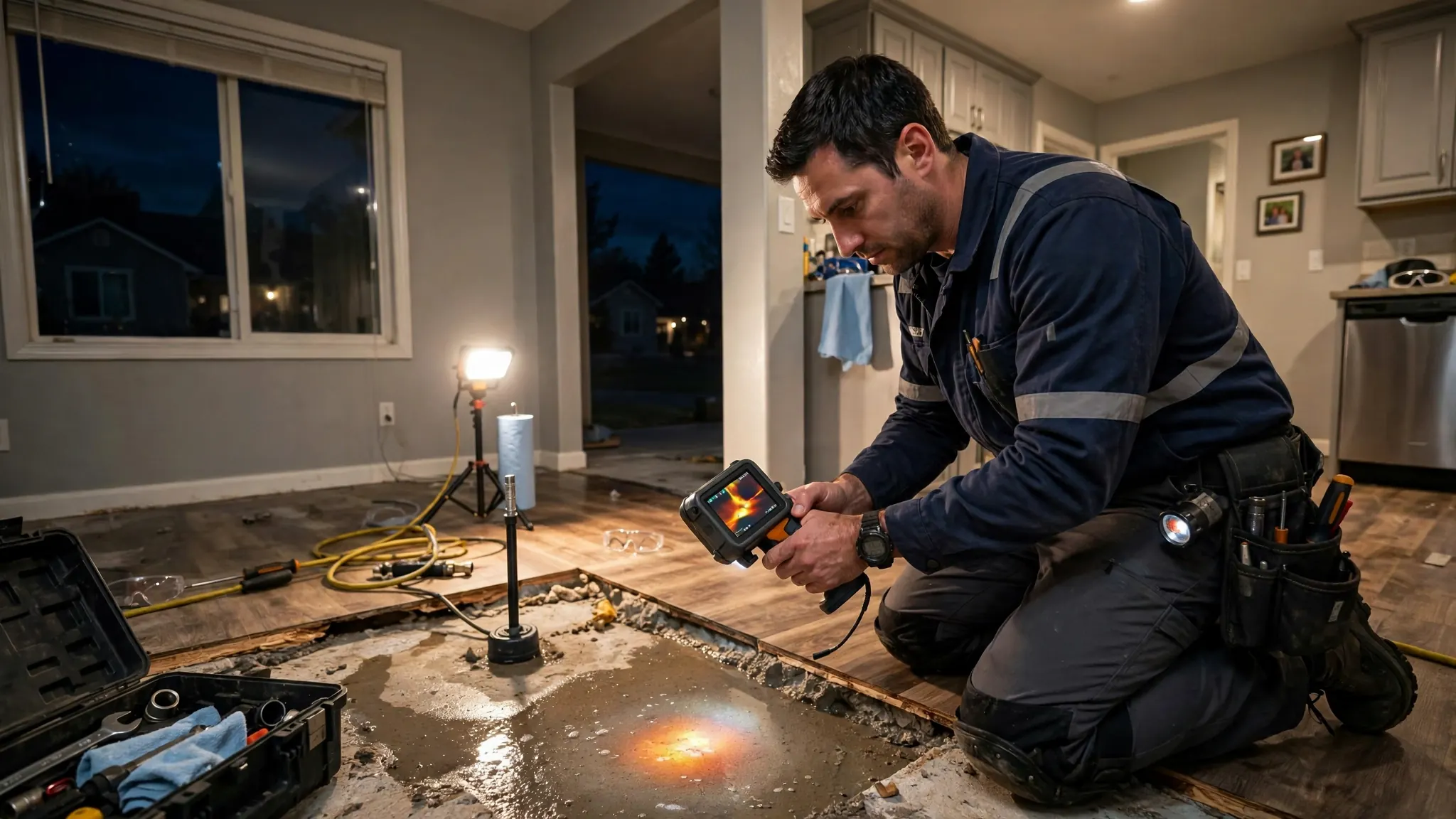 Emergency slab leak response — thermal imaging camera revealing a spreading hot-water leak beneath tile flooring in Broomfield