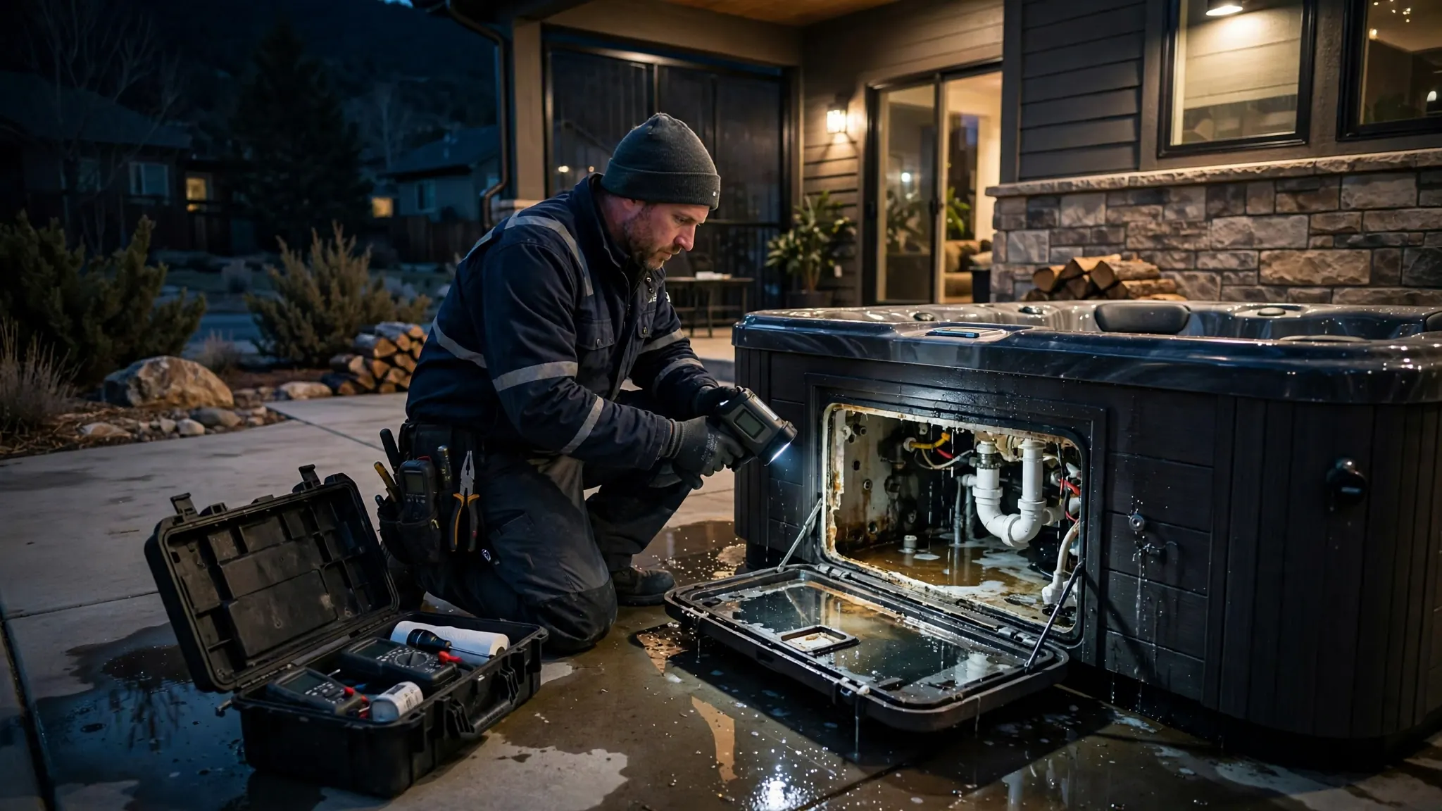 Hot tub equipment bay flooding with water — emergency spa leak response in Broomfield