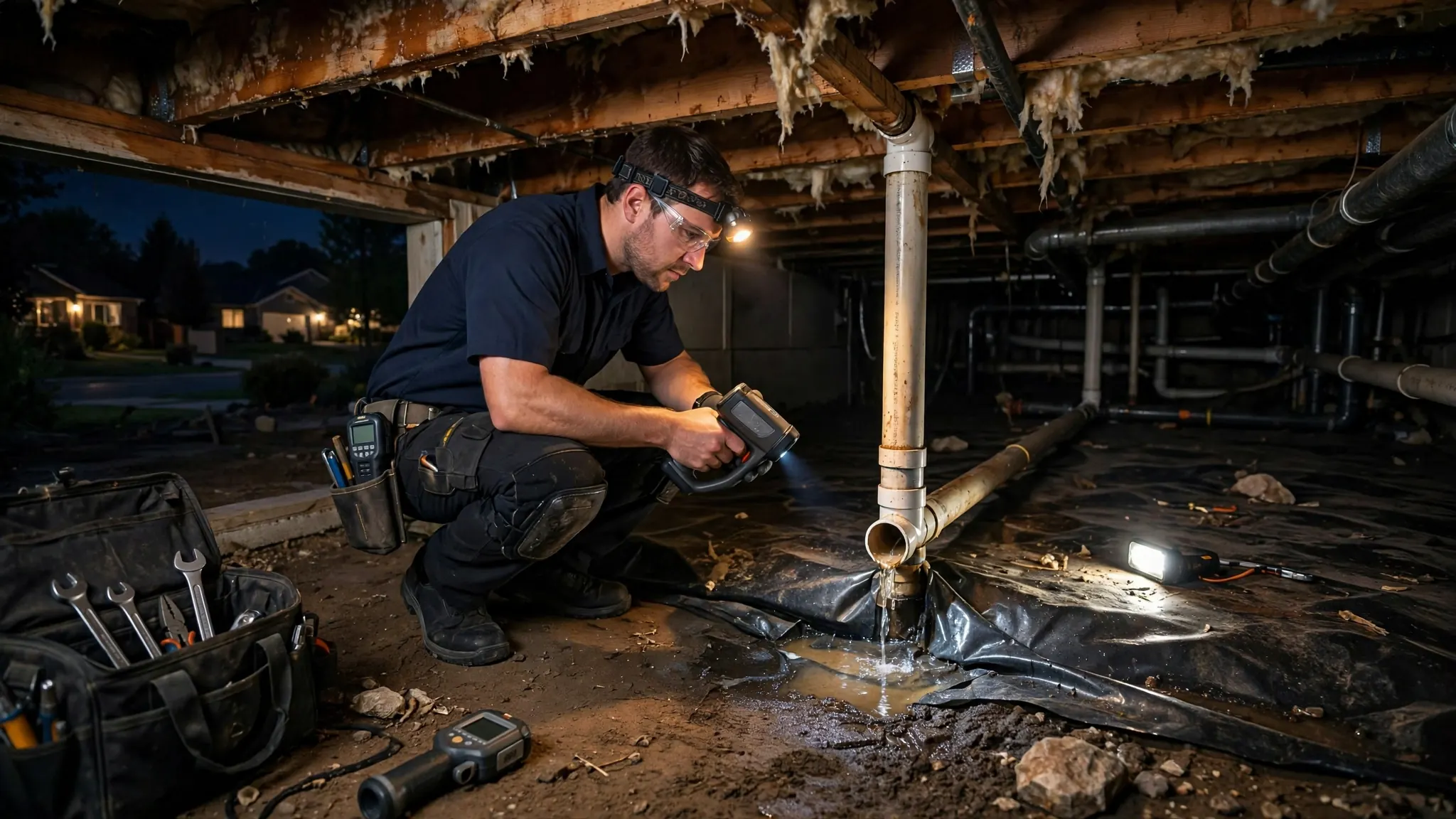Emergency crawlspace leak response — technician with headlamp and acoustic equipment assessing active water under a Broomfield home