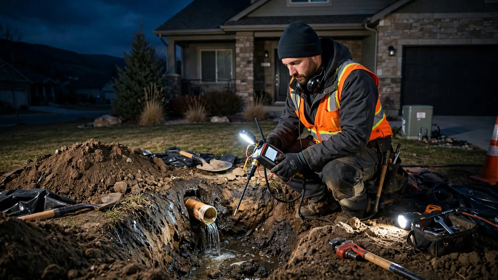 Emergency buried line response — technician with electronic line locator tracing a ruptured underground water line in a Broomfield yard