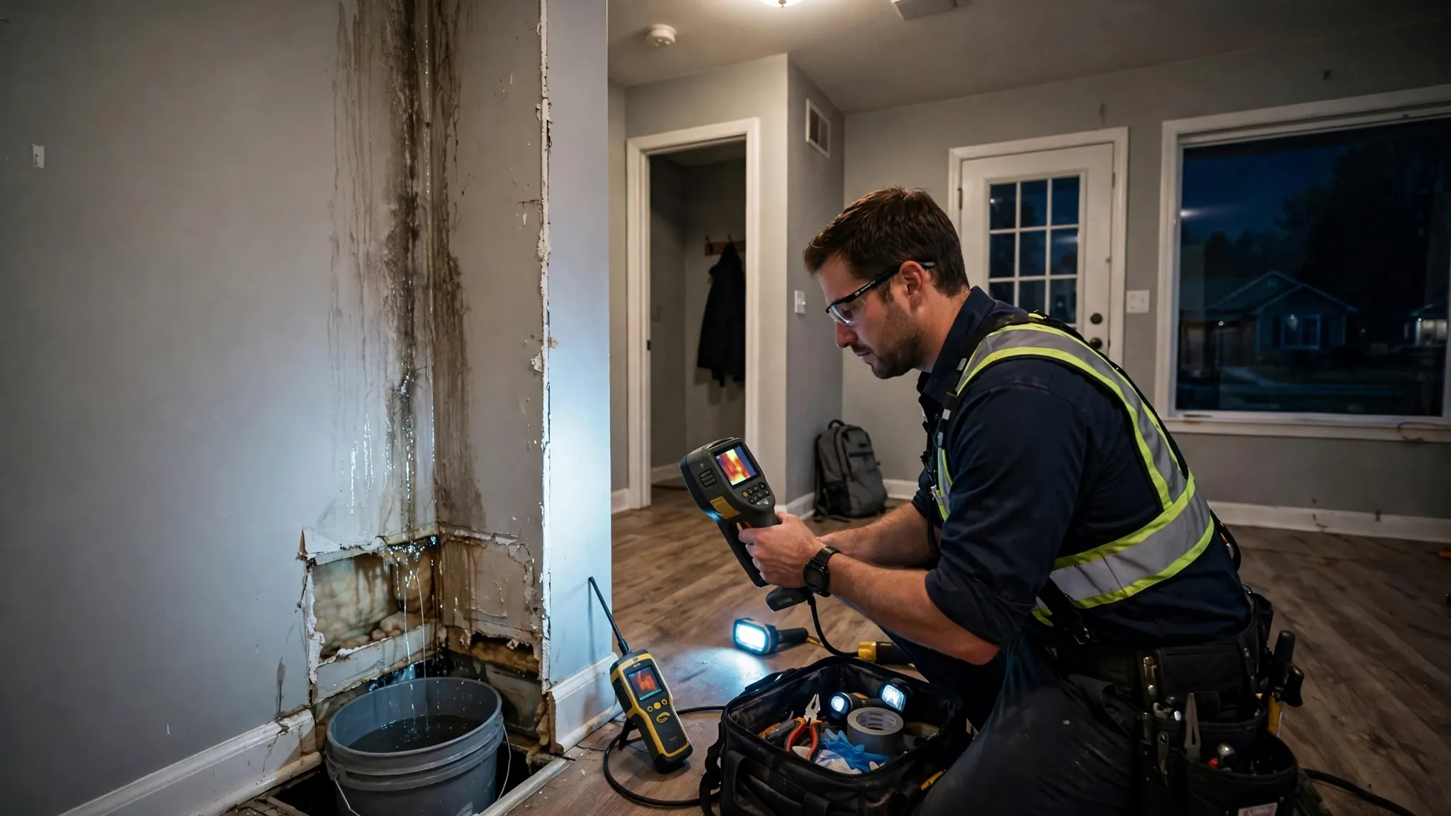Emergency wall leak response — technician using acoustic listening disc to trace active water inside a Broomfield wall cavity
