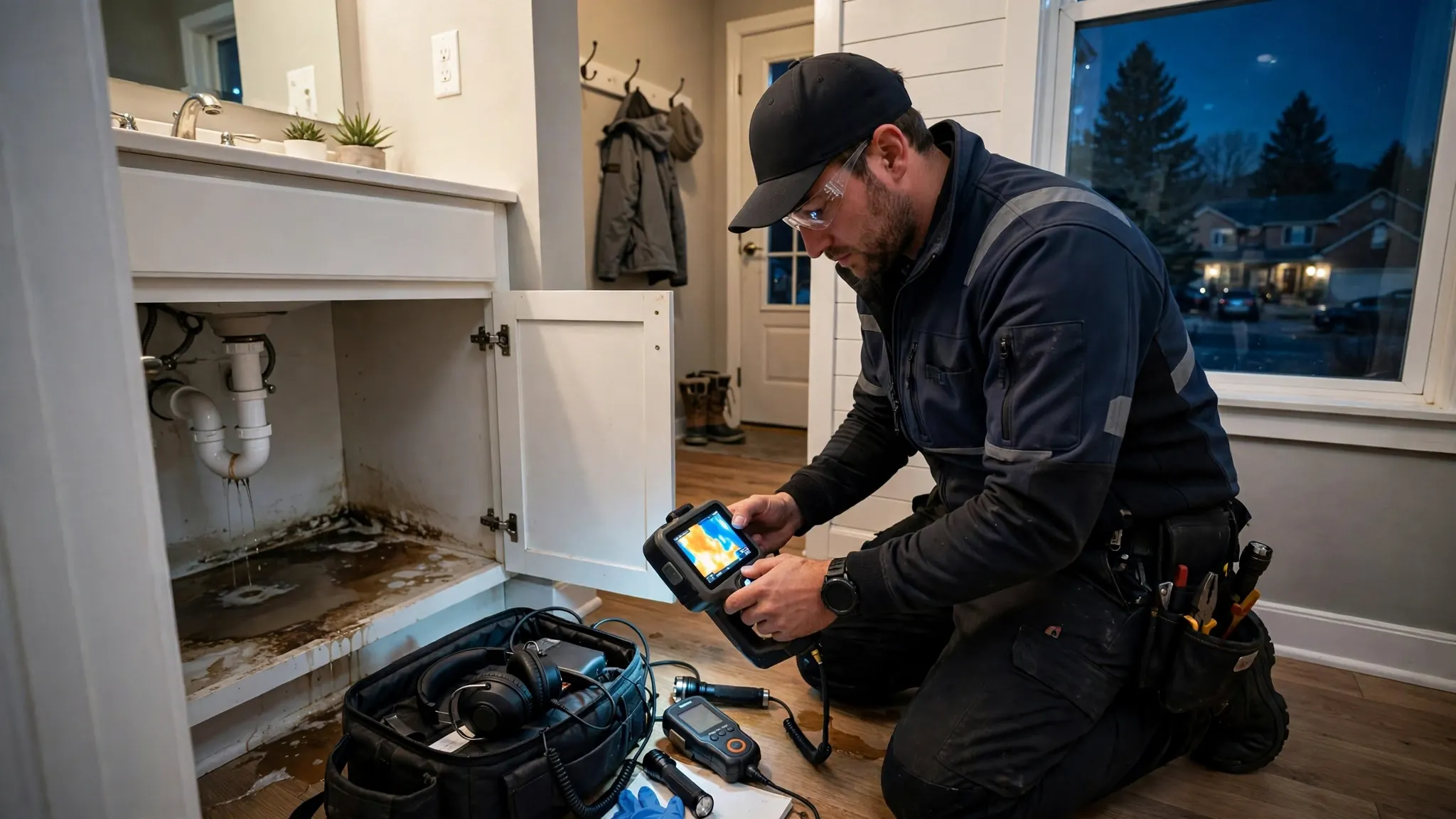 Technician with acoustic sensors tracing an active hidden leak — emergency detection in Broomfield