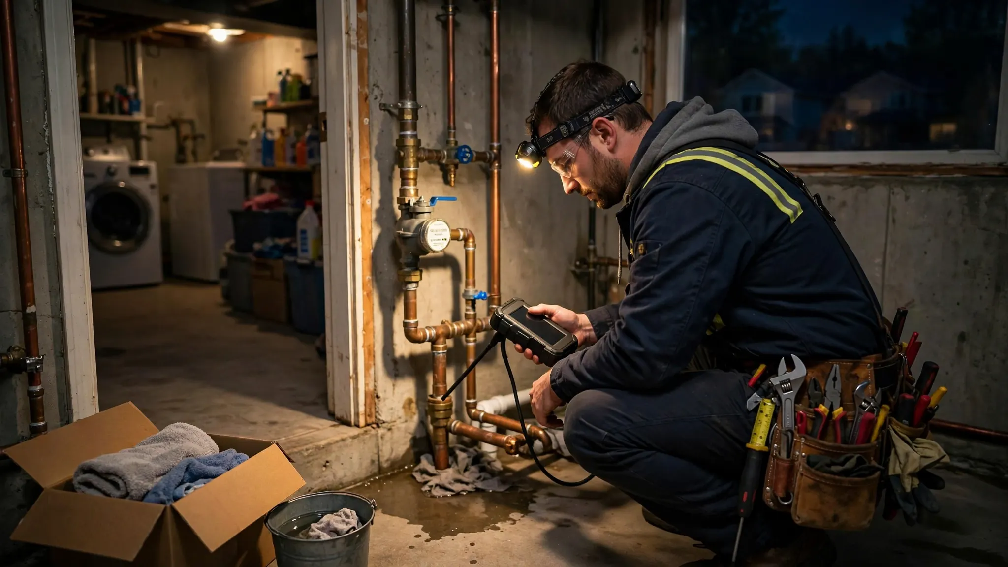 Emergency water meter response at night — technician operating a curb stop valve to halt major water loss in Broomfield