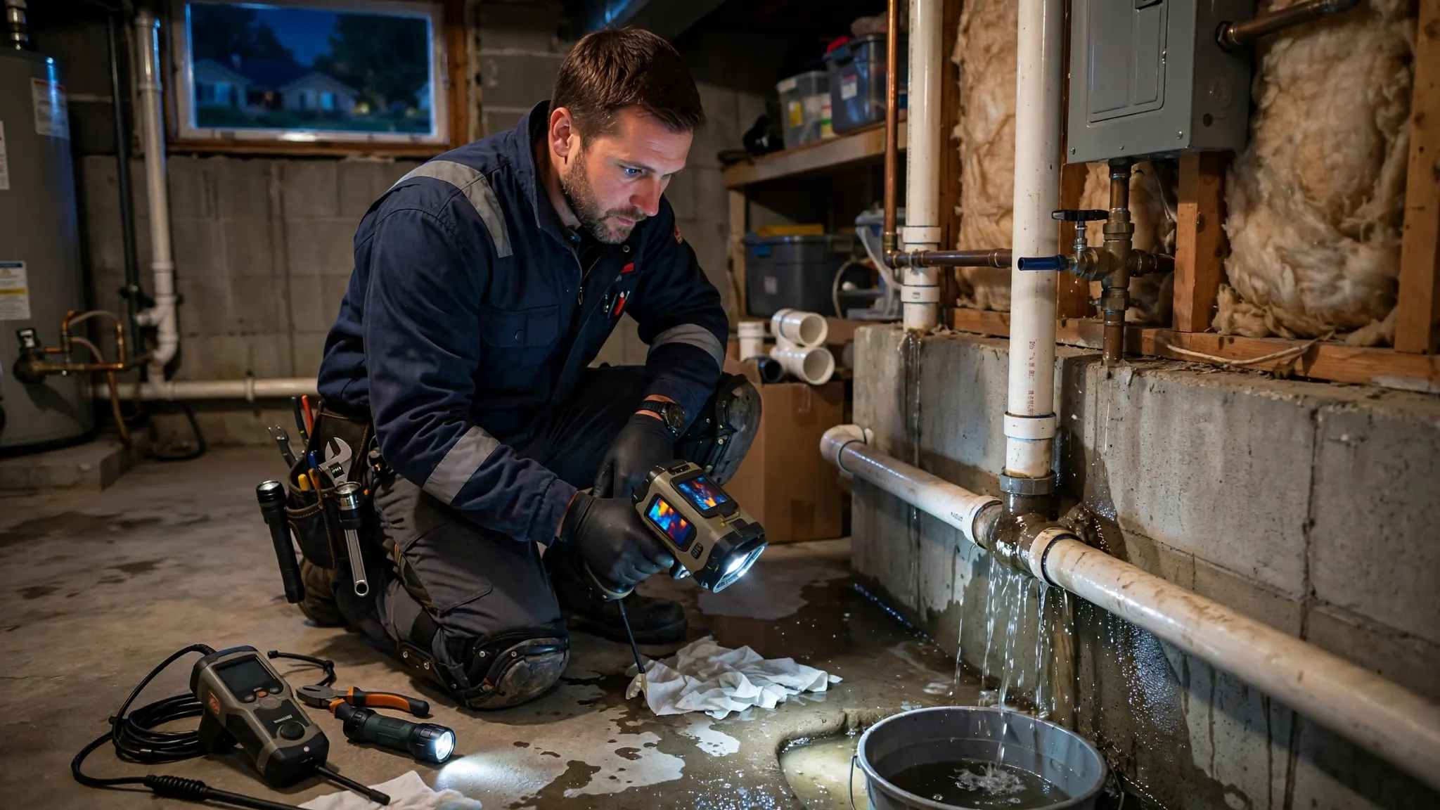Emergency water service line response — technician marking a gushing lateral break between curb and house in Broomfield