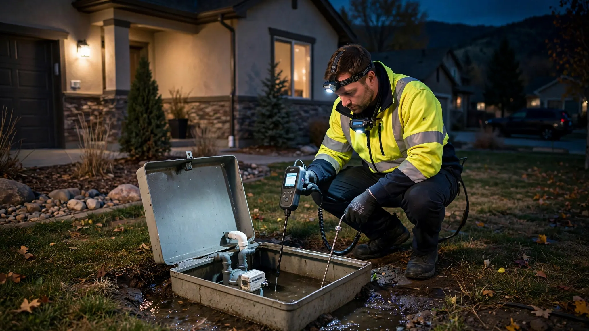 Water gushing from a meter box and flooding a yard — emergency service line response in Broomfield