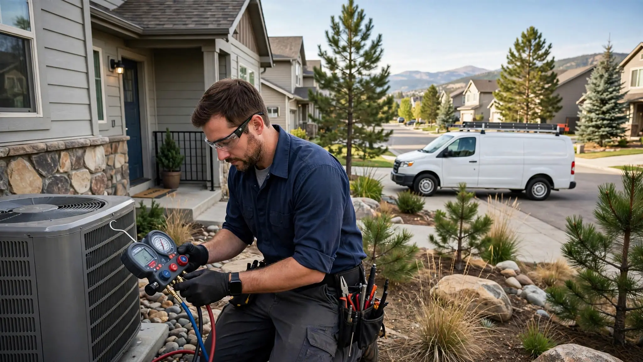 Leak detection technician testing a sprinkler valve manifold in a Bridgewater planned-community common area