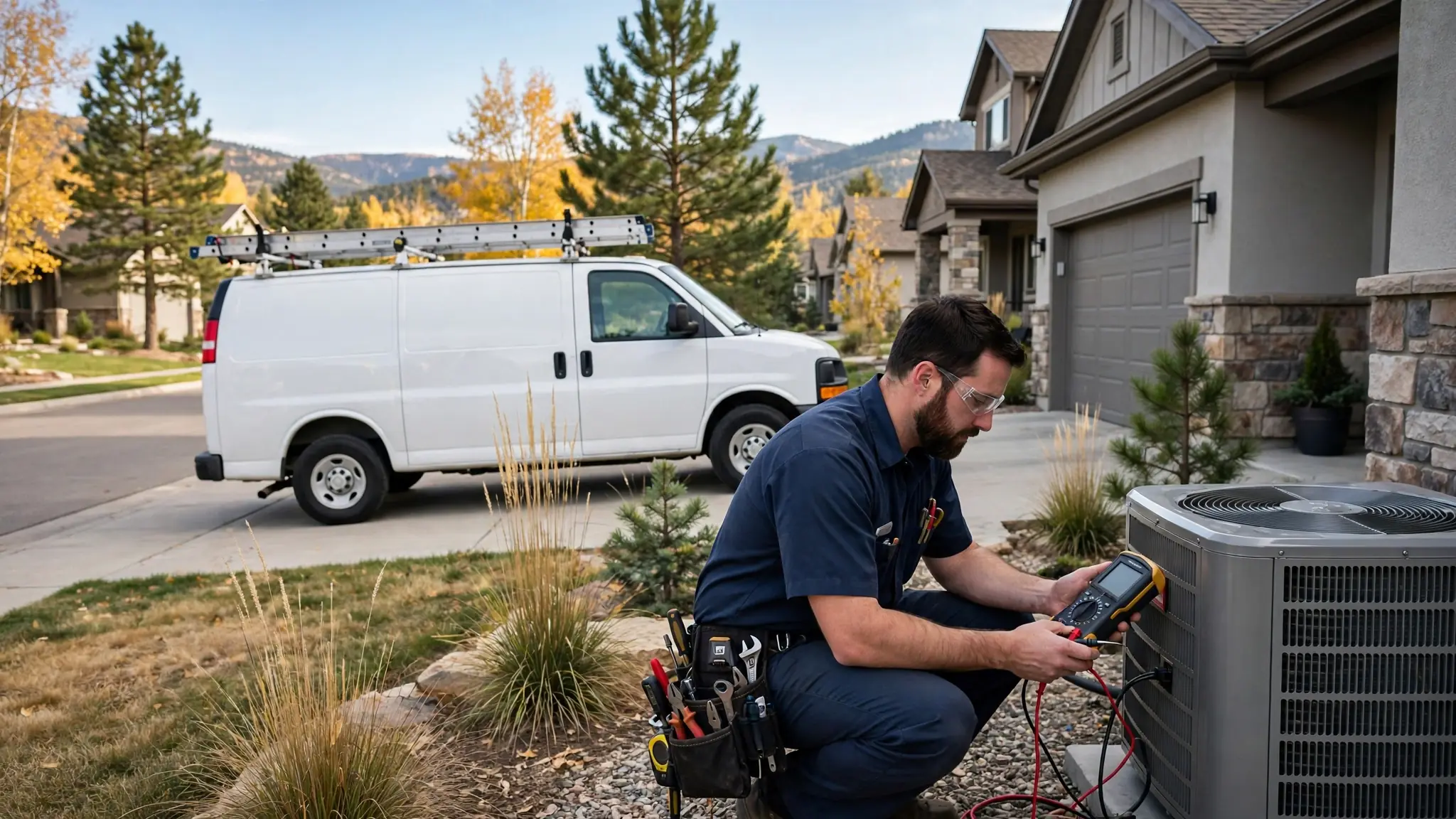 Leak detection technician pressure-testing an irrigation zone valve in a landscaped Highland Park front yard