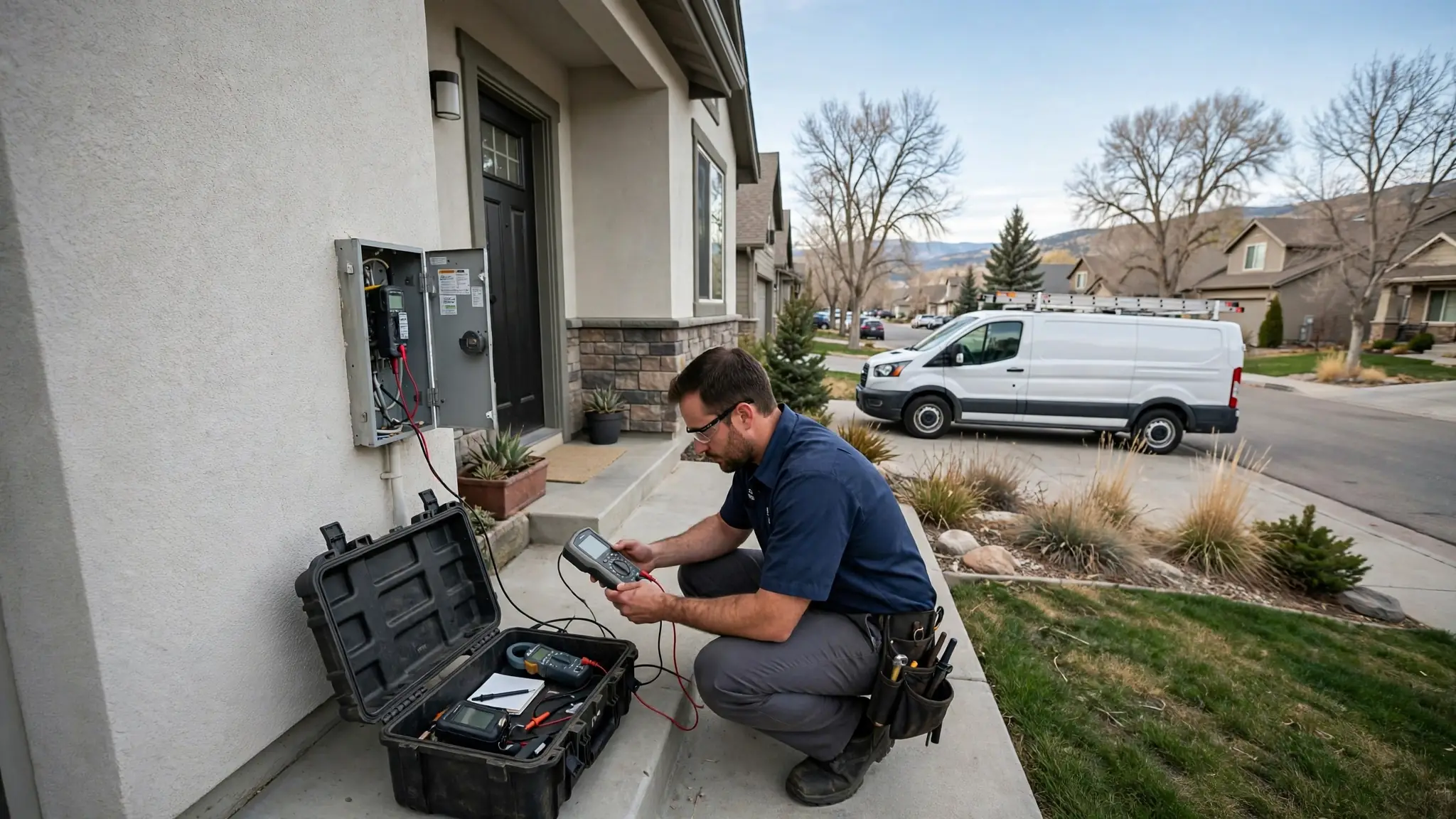 Technician reading a water meter with a curb stop wrench at a Northside home in Broomfield