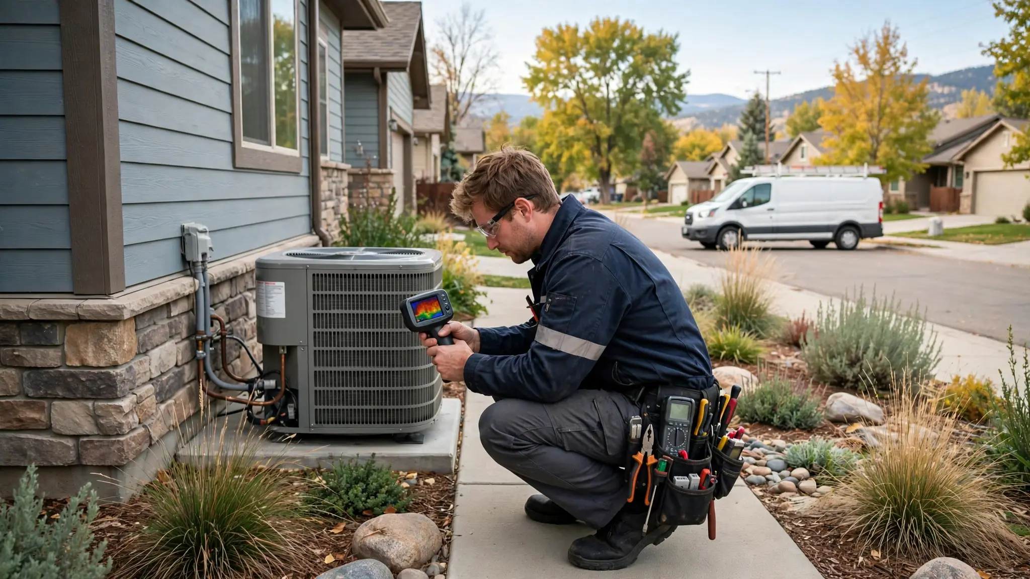 Leak detection technician scanning a wall with a thermal imaging camera in a West End home