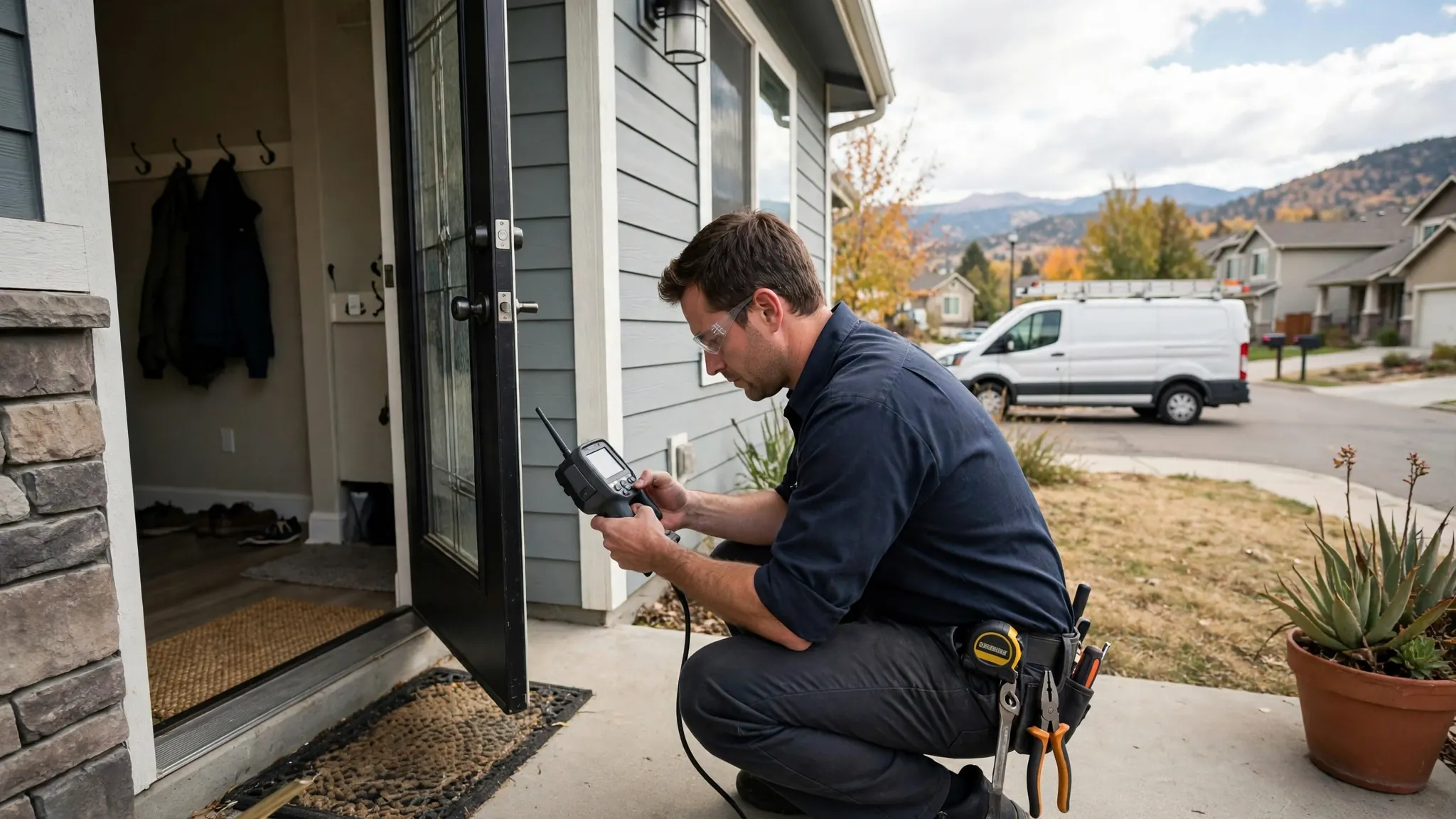 Technician with acoustic ground microphone checking a tree-lined yard for an underground line leak in Woodland Hills, Broomfield