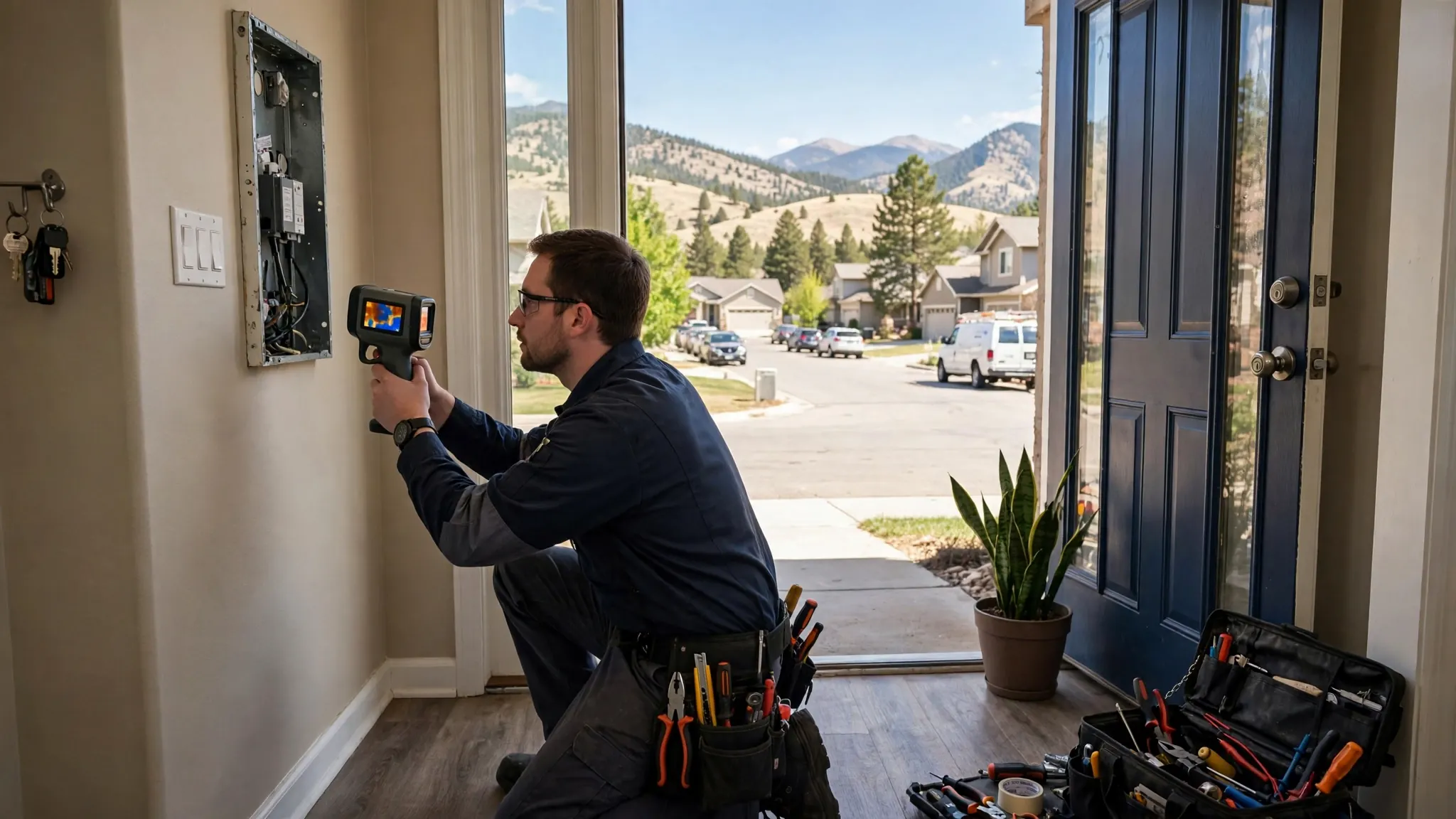 Broomfield Colorado suburban street with Front Range foothills served by local leak detection technicians