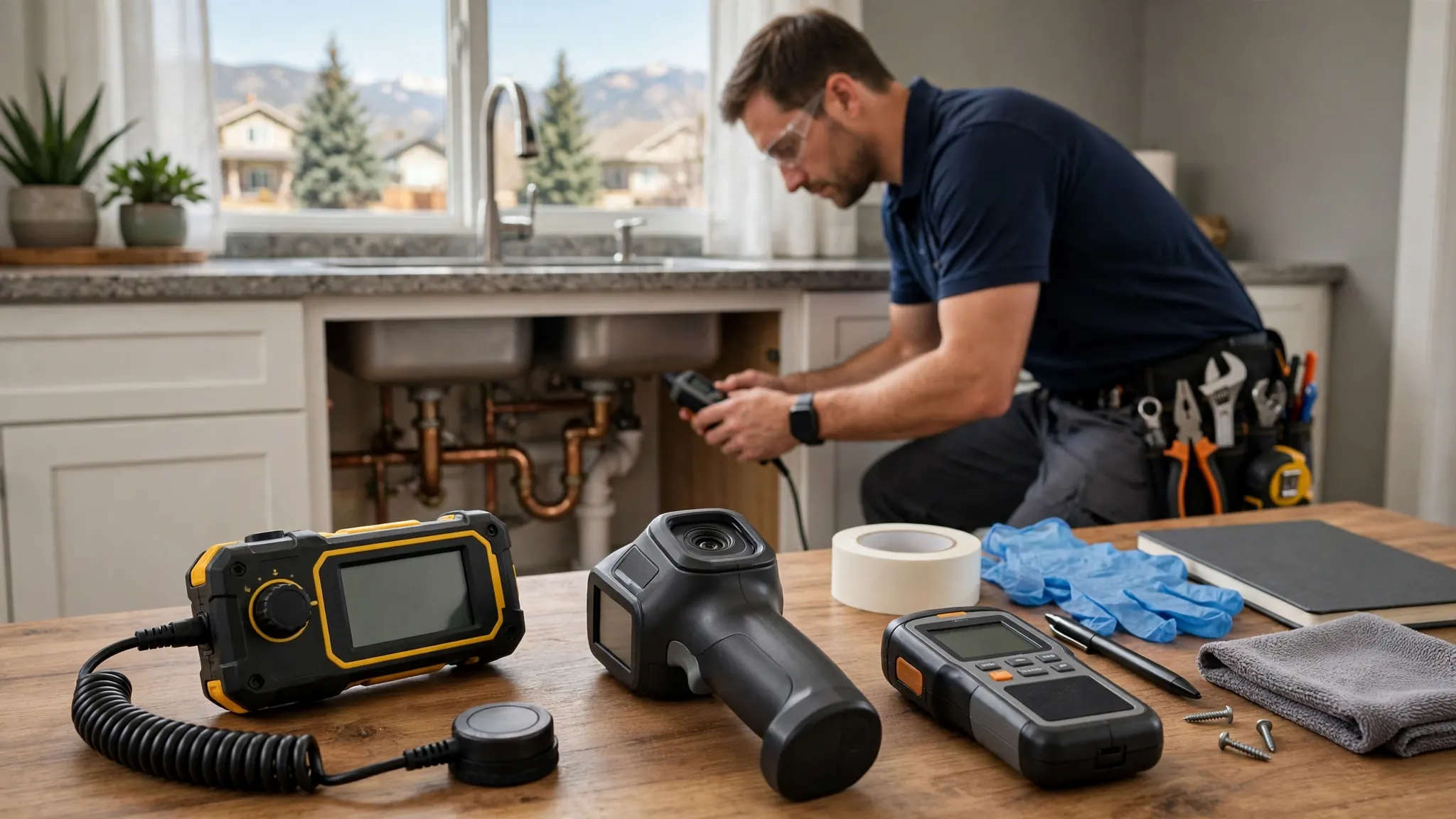 Leak detection technician with acoustic equipment surveying a Broomfield property