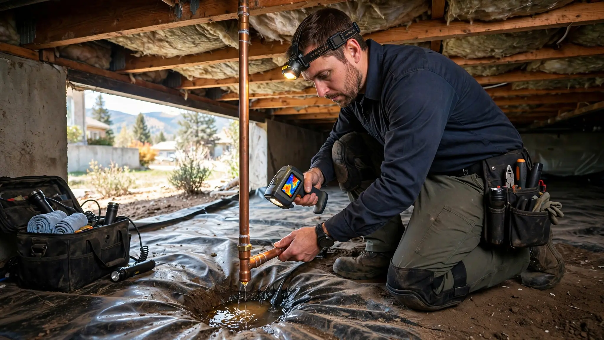 Technician inspecting a residential crawlspace with a moisture meter and flashlight