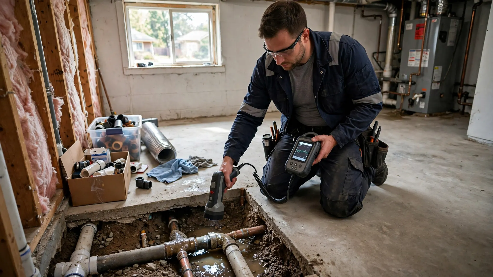 Technician using acoustic correlation sensors to triangulate a deep underground pipe leak