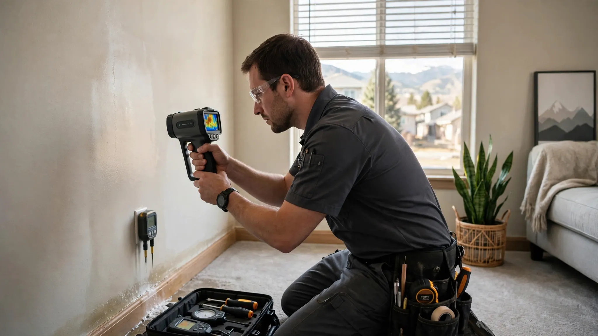 Technician pressing an acoustic listening disc against a residential wall to trace a hidden pipe leak