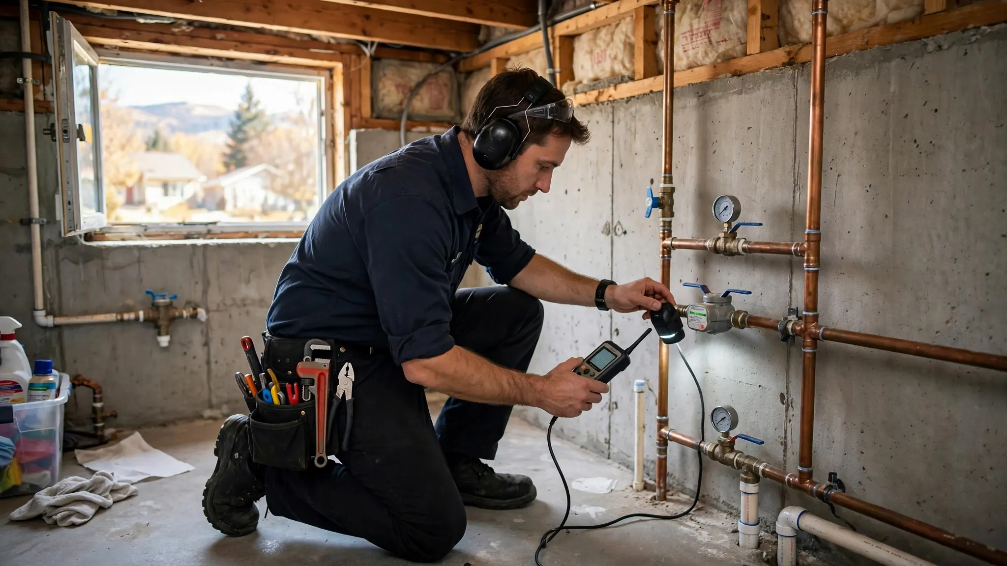 Technician using line-locating equipment to trace a buried water service line in a front yard