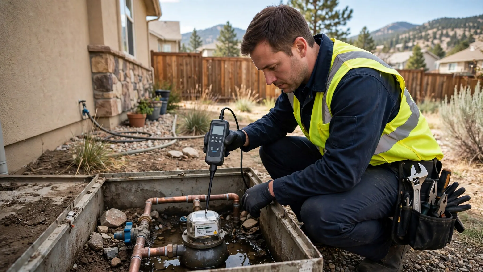 Technician inspecting a water meter box with standing water in a Broomfield front yard